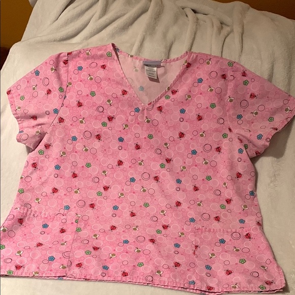 Gently Loved Pink Patterned Scrub Top with Bees & Ladybugs - Picture 1 of 6